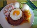 Lunch: Meat patty, rice, potatoes and a fried egg